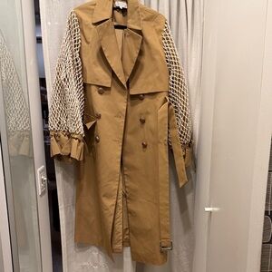 Marianna Gonzalez Tan Trench Coat with Patterned Sleeves and netting